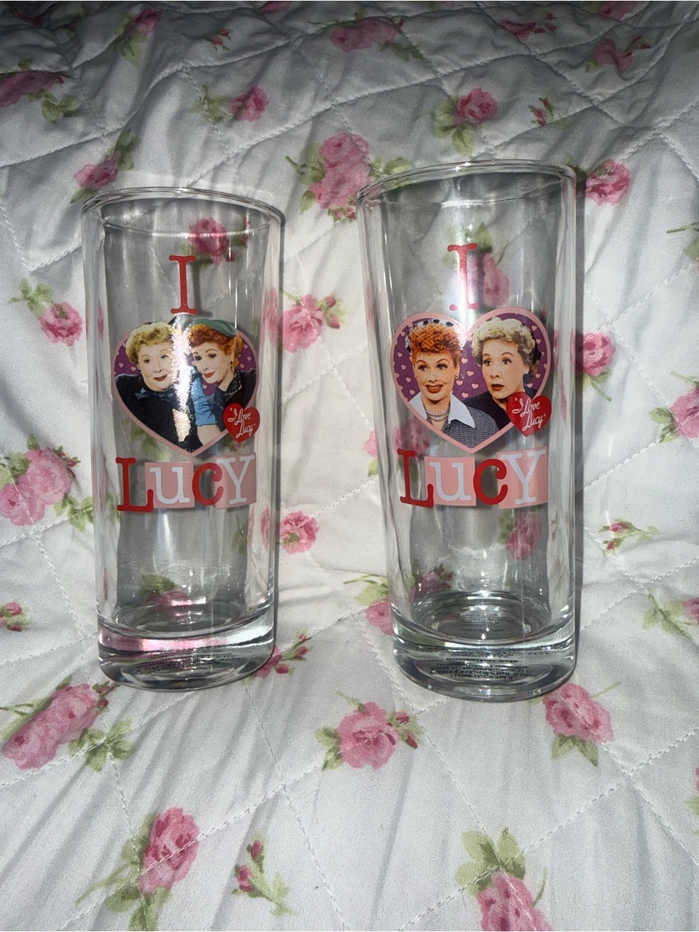 I Love Lucy glasses with graphic of two women in a heart